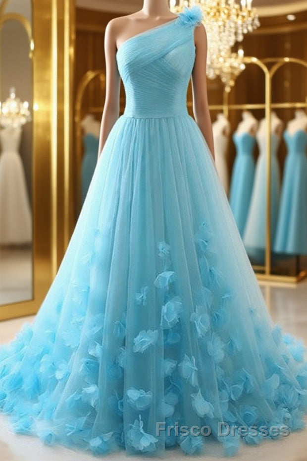 One Shoulder Blue Floral Long Formal Prom Dresses, One Shoulder Blue Formal Dresses, 3D Flowers Blue Evening Dresses Main image