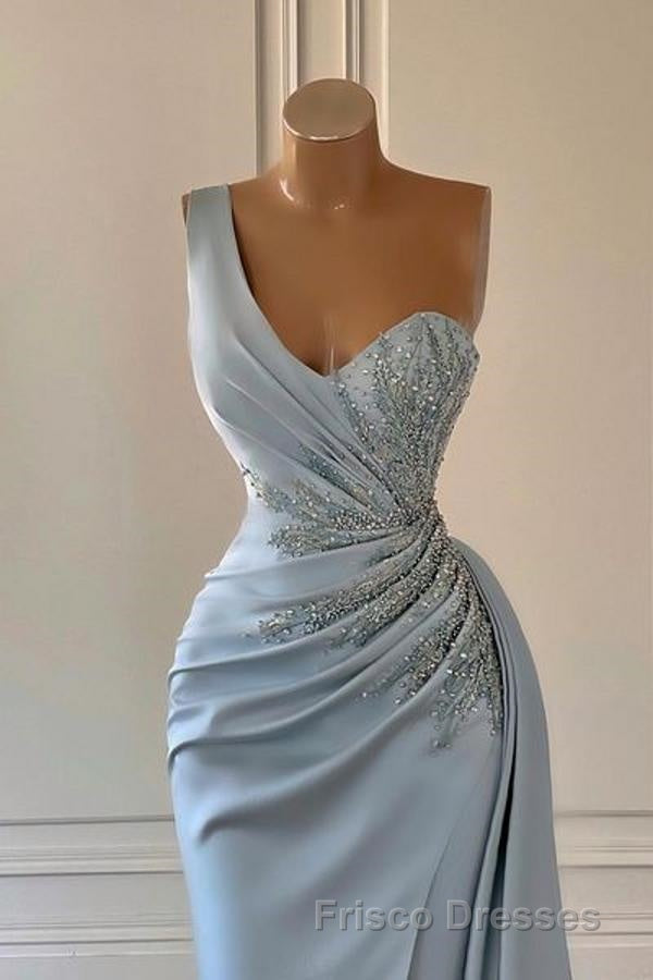 One shoulder blue Formal Prom Dress in mermaid pleats