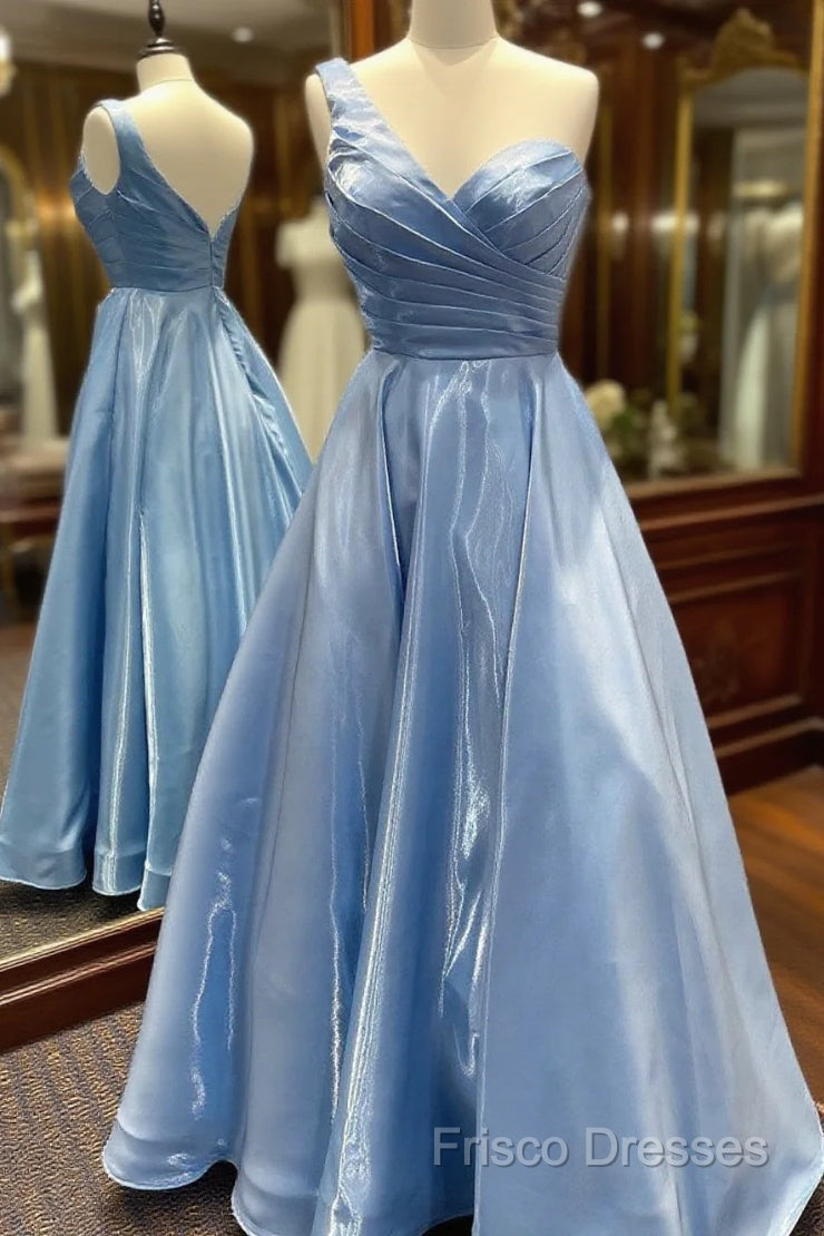 One Shoulder Blue Satin Long Formal Prom Dress, One Shoulder Blue Long Formal Dress Main image