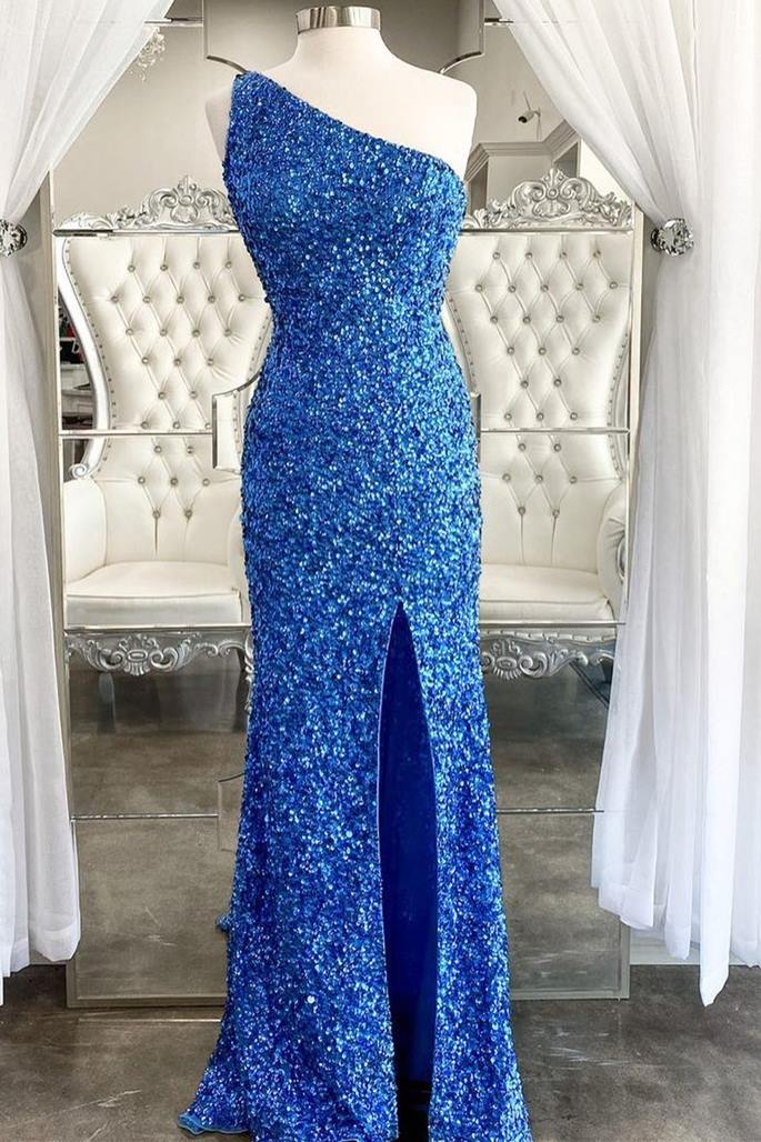 One Shoulder Blue Sequins Mermaid Long Formal Dress Secondary image