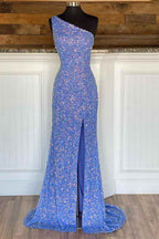 One Shoulder Blue Sequins Mermaid Long Formal Dress