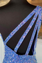 One Shoulder Blue Sequins Mermaid Long Formal Dress