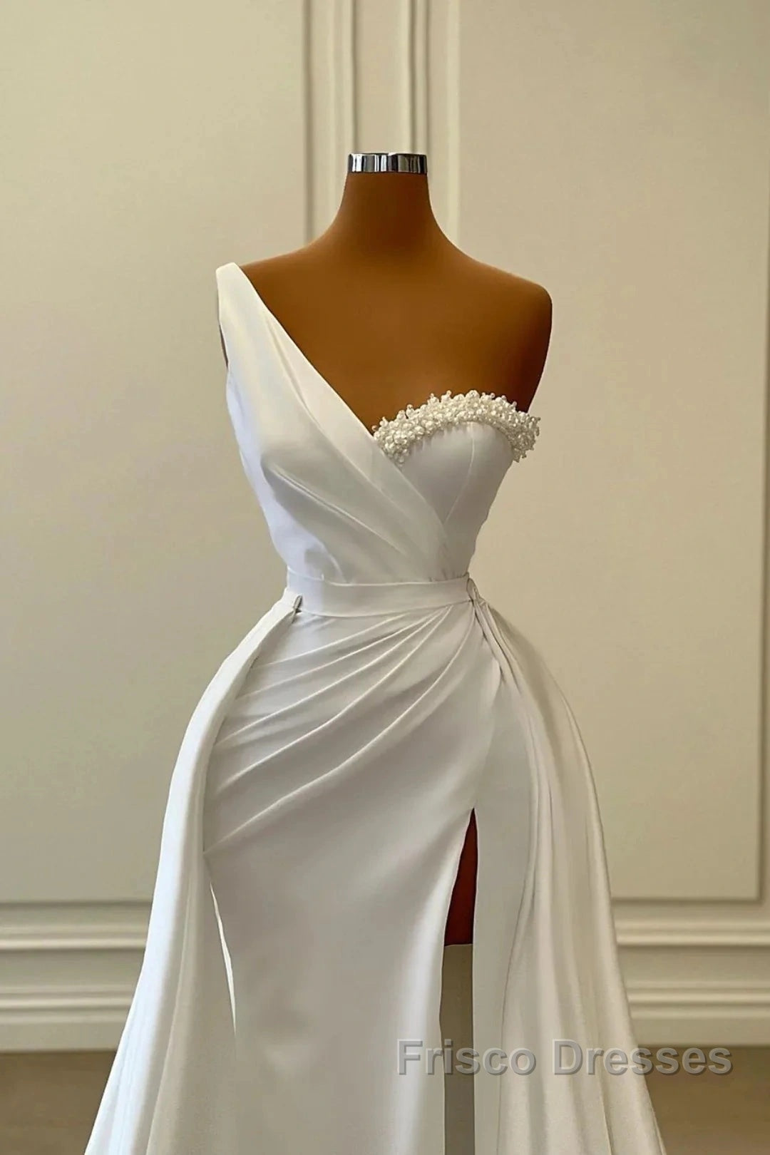 One Shoulder Charmeuse White Wedding Dress With Beadings Sleeveless Floor Length Elegant Secondary image