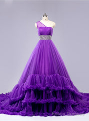 One Shoulder Cloud Ball Gown Tulle Ruffles Wedding Dresses