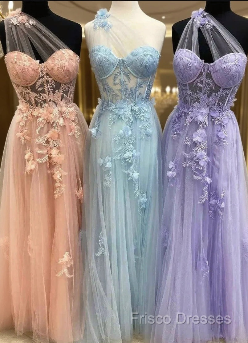 One Shoulder Flowers Lace Formal Prom Dress Applique Sweetheart With Split Main image
