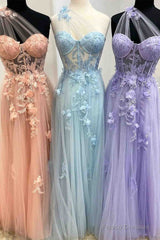 One Shoulder Flowers Lace Prom Dresses Applique Sweetheart With Split