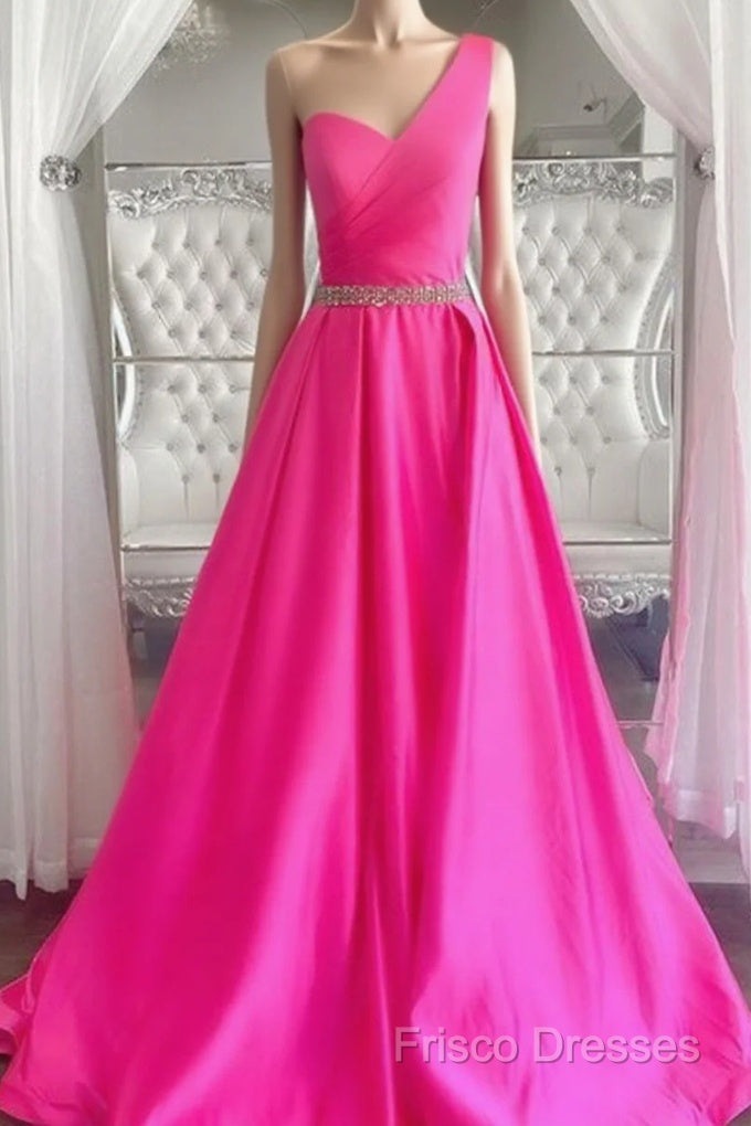 One Shoulder Hot Pink Formal Prom Dress, Hot Pink One Shoulder Formal Dress Main image