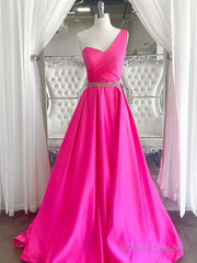 One Shoulder Hot Pink Prom Dresses, Hot Pink One Shoulder Formal Evening Dresses