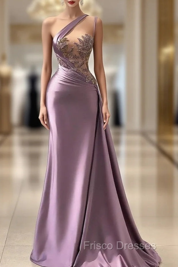 One shoulder Lavender A-line Satin Long Formal Prom Dress