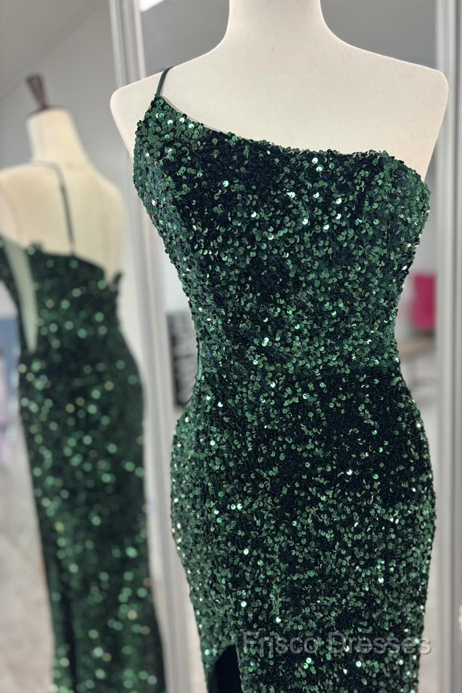 One Shoulder Long Emerald Green Formal Prom Dress Mermaid Sequin Secondary image