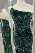 One Shoulder Long Emerald Green Formal Prom Dress Mermaid Sequin