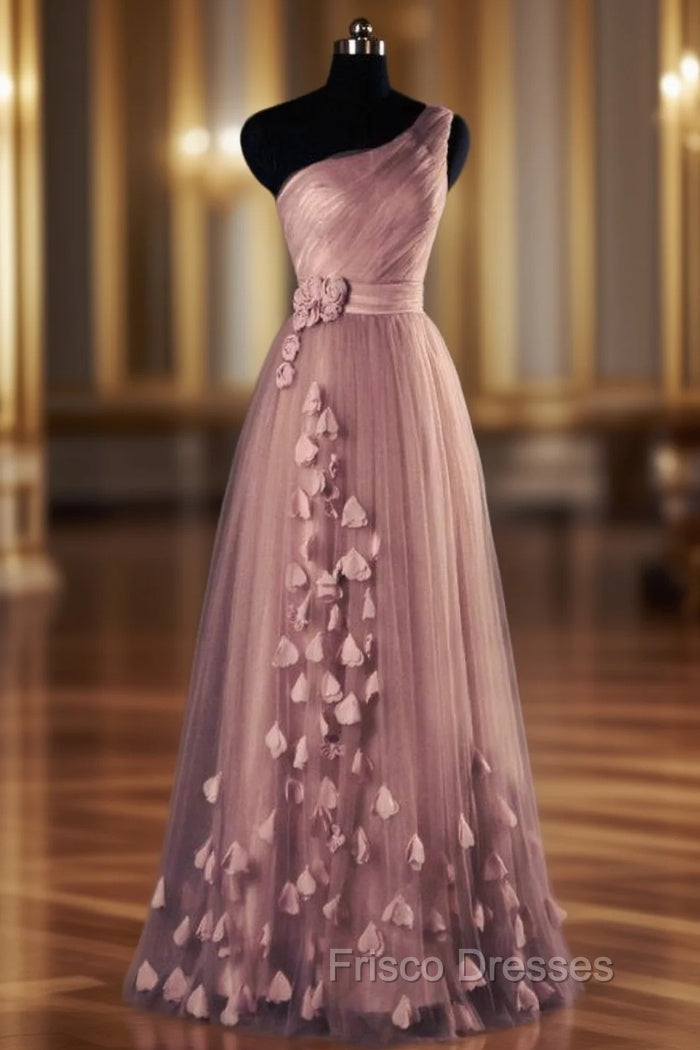 One-Shoulder Long/Floor-Length A-Line/Princess Tulle Formal Prom Dress With Flowers Waistband