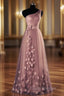 One-Shoulder Long/Floor-Length A-Line/Princess Tulle Formal Prom Dress With Flowers Waistband