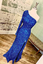 One-Shoulder Long Sleeve Tiffany Blue Sequins Long Formal Dress