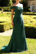 One Shoulder Mermaid Pleated Dark Green Long Formal Dress