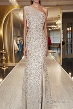 One Shoulder Mermaid Sequins Ivory Long Formal Prom Dresses, Open Back Mermaid Ivory Formal Dresses, Sequins Ivory Evening Dresses
