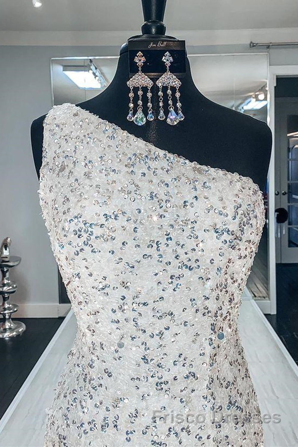 One Shoulder Mermaid Sequins Ivory Long Formal Prom Dresses, Open Back Mermaid Ivory Formal Dresses, Sequins Ivory Evening Dresses Secondary image