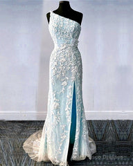 One Shoulder Mermaid Split Lace Prom Dresses