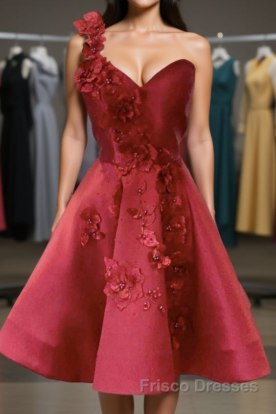 One Shoulder Open Back Burgundy Floral Short Formal Prom Dresses, Wine Red Floral Formal Evening Homecoming Dresses Main image