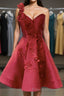 One Shoulder Open Back Burgundy Floral Short Formal Prom Dresses, Wine Red Floral Formal Evening Homecoming Dresses