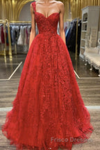 One Shoulder Open Back Red Lace Long Formal Prom Dresses, Sweetheart Neck Red Lace Formal Dresses, Red Evening Dresses