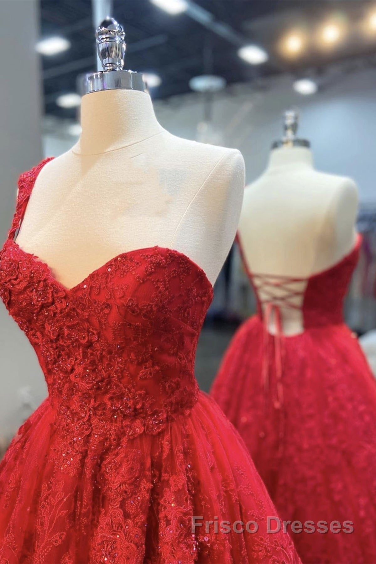 One Shoulder Open Back Red Lace Long Formal Prom Dresses, Sweetheart Neck Red Lace Formal Dresses, Red Evening Dresses