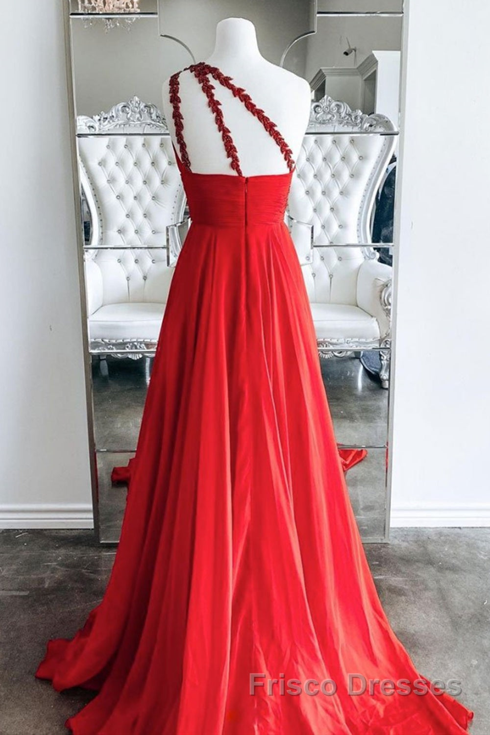 One Shoulder Open Back Red Long Formal Prom Dresses, Backless Red Formal Dresses, Red Evening Dresses