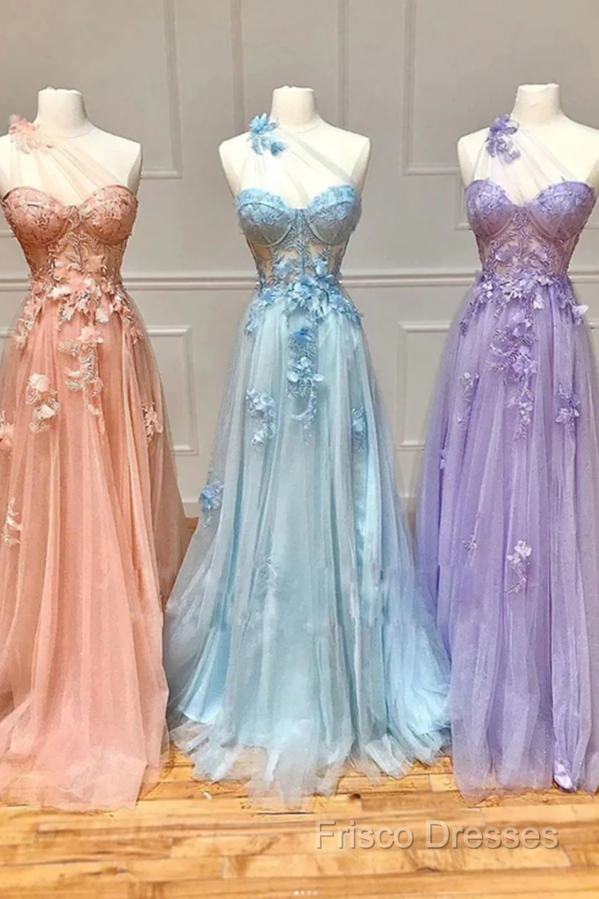 One Shoulder Pink/Blue/Purple Lace Floral Long Formal Prom Dress Secondary image