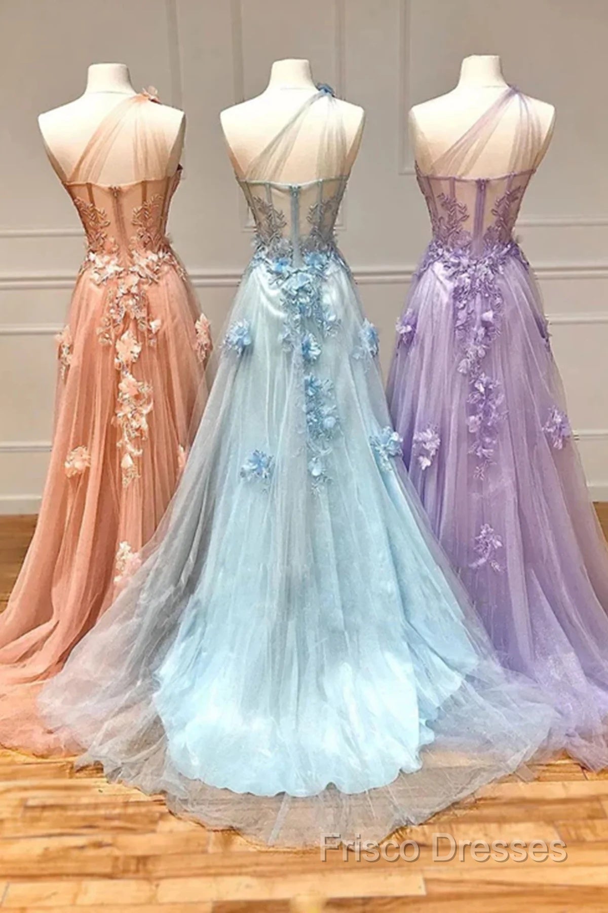 One Shoulder Pink/Blue/Purple Lace Floral Long Formal Prom Dress