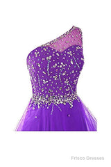 One Shoulder Prom Dresses Tulle Homecoming Dress With Beading