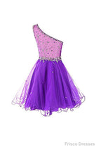 One Shoulder Prom Dresses Tulle Homecoming Dress With Beading