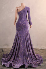 One Shoulder Purple Prom Dresses Sequin Mermaid Long Evening Formal Dresses