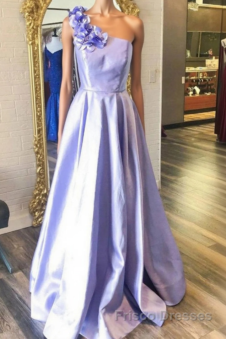 One Shoulder Purple Satin Long Formal Prom Dresses with Flowers, Purple Formal Evening Dresses