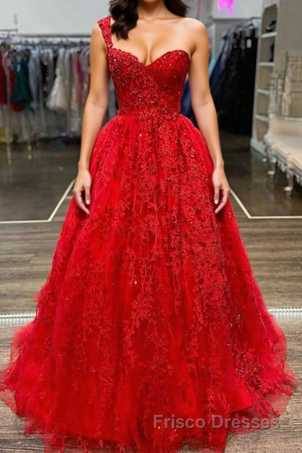 One Shoulder Red Lace Formal Prom Dresses, One Shoulder Red Lace Formal Evening Dresses