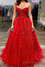 One Shoulder Red Lace Formal Prom Dresses, One Shoulder Red Lace Formal Evening Dresses