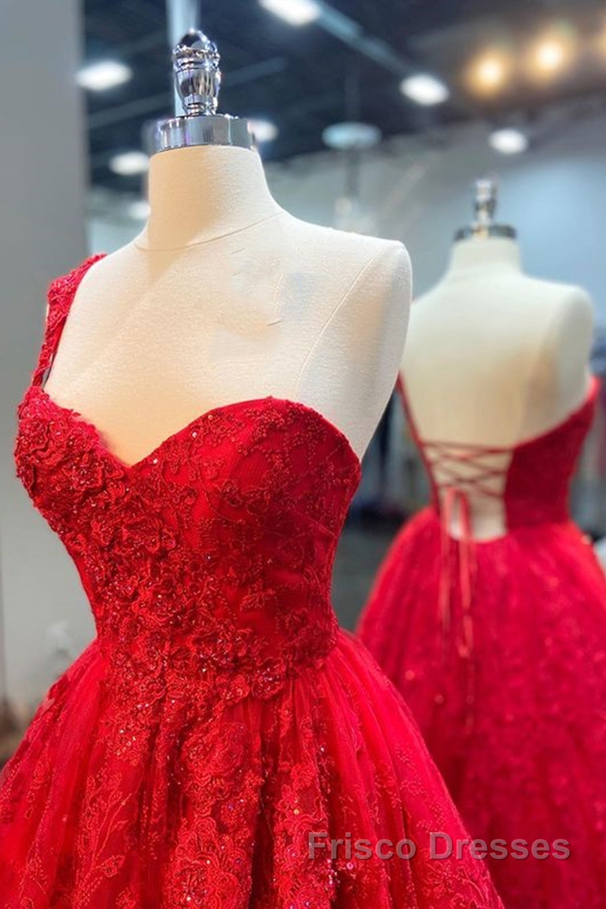 One Shoulder Red Lace Formal Prom Dresses, One Shoulder Red Lace Formal Evening Dresses Secondary image