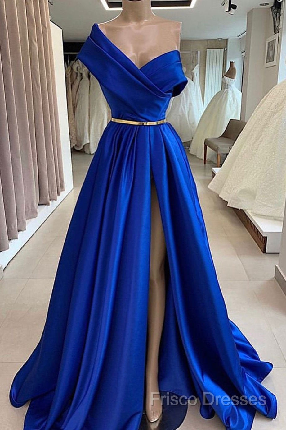 One Shoulder Royal Blue Floor Length Formal Prom Dress With High Slit, High Slit Royal Blue Long Formal Dress Secondary image