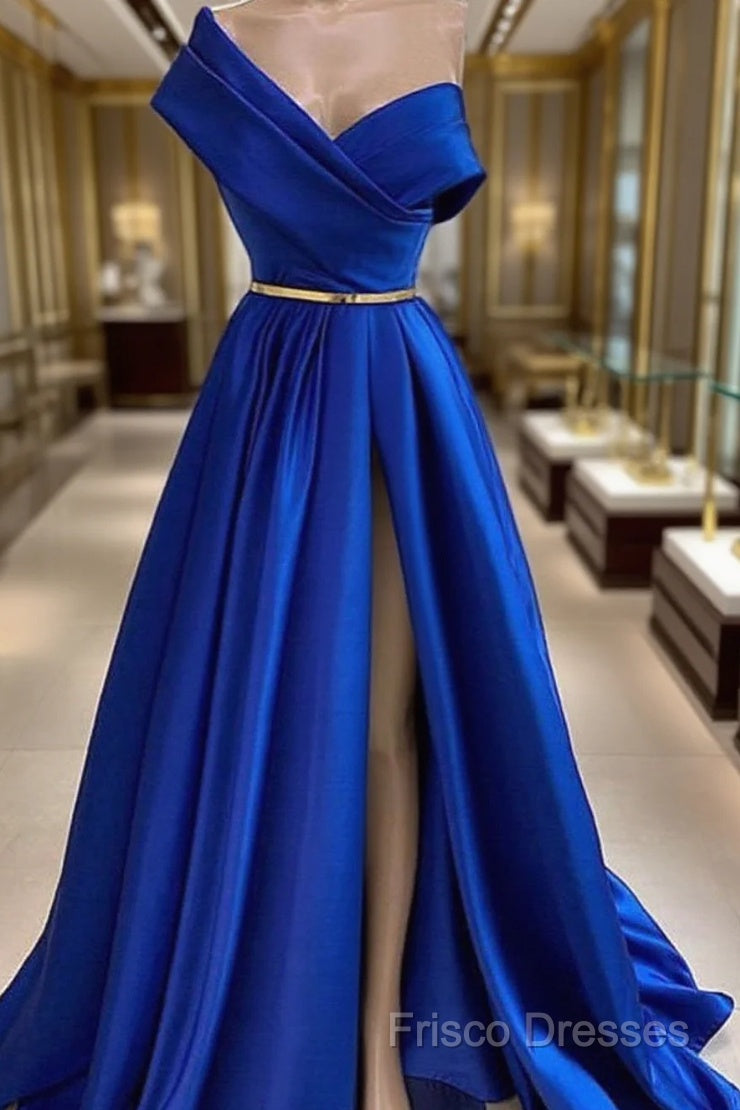 One Shoulder Royal Blue Floor Length Formal Prom Dress With High Slit, High Slit Royal Blue Long Formal Dress Main image