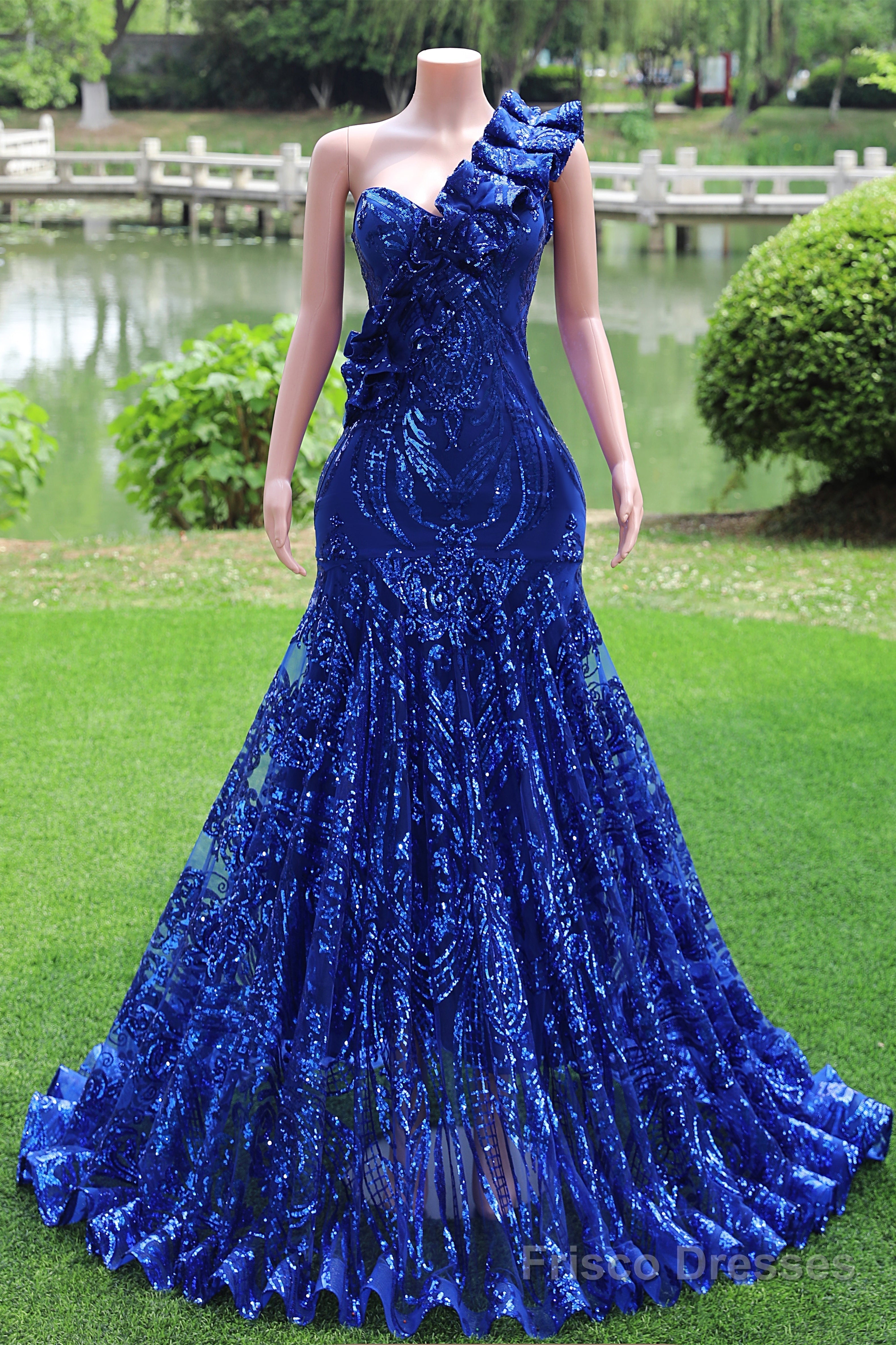 One Shoulder Royal Blue Prom Dresses Sequin Long Fromal Dresses