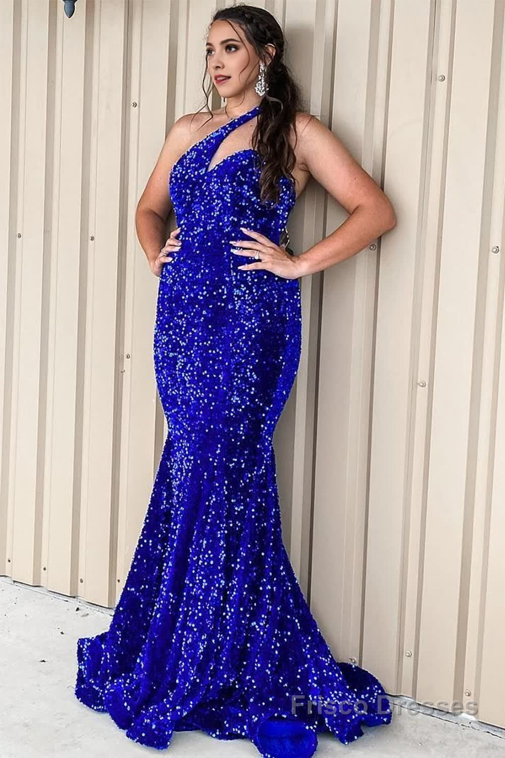 One Shoulder Royal Blue Sparkly Mermaid Sequins Long Prom Dress Secondary image