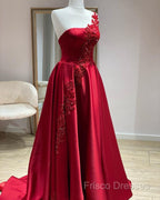 One Shoulder Satin Floor Length Formal Prom Dress Appliques