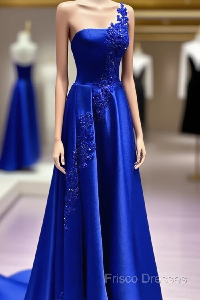 One Shoulder Satin Floor Length Formal Prom Dress Appliques Main image