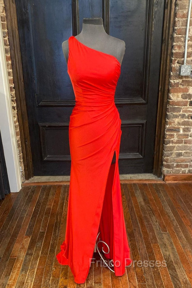 One Shoulder Satin Formal Dress With Slit