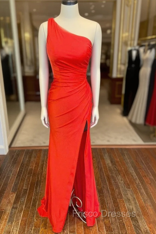 One Shoulder Satin Formal Dress With Slit