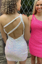 One Shoulder Sequins Bodycon Mini Dress With Keyhole
