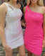 One Shoulder Sequins Bodycon Mini Dress With Keyhole
