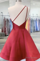One Shoulder Short Burgundy Satin Prom Dresses, Wine Red Short Floral Formal Graduation Dresses