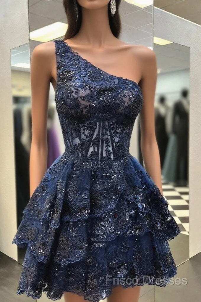 One Shoulder Short Navy Blue Lace Formal Prom Dress, One Shoulder Short Navy Blue Formal Homecoming Dress