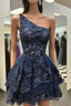 One Shoulder Short Navy Blue Lace Formal Prom Dress, One Shoulder Short Navy Blue Formal Homecoming Dress