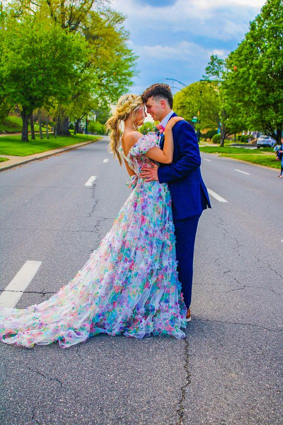 Elegant Off The Shoulder Flowers Long Prom Dress Tulle Evening Dress